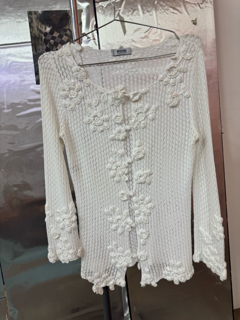 Moschino Cream Crochet Floral Knit Cardigan